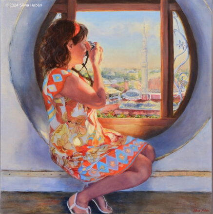 Silvia Habán - Zvedavá, olej na plátne, 80x80 cm